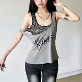 U neck glitter letter print 2 piece top