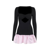 Long sleeve hollow out ribbed ruffle v neck cut out mini dress
