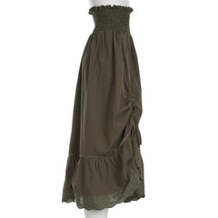 Drawstring solid lace hem smocked irregular midi skirt-final-sale