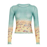 Long sleeve crewneck contrast mesh top