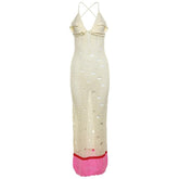 V neck knitted hollow out lace up cut out maxi dress
