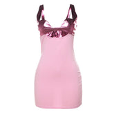 Hollow out metallic patchwork backless cami cut out mini dress