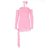 Long sleeve off shoulder flower applique ruffle ruched mini dress-final-sale