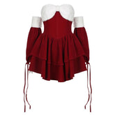 Fluffy sweetheart neck gloves fluffy self tie mini dress