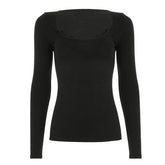 Cross front lace hem long sleeve hollow out cut out top