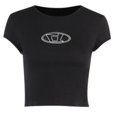 Embroidery contrast cap sleeve crewneck crop top