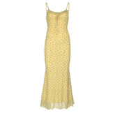 U neck ruffle mesh flower print cami maxi dress