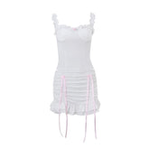 Ruffle ruched bowknot ribbon stitch cami skirt set