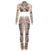 Long sleeve print high neck ruffle crop sheer mesh pant set