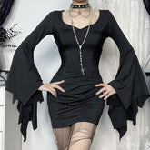 Ruched long flared sleeve v neck solid mini dress