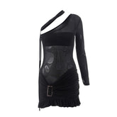 Mesh one shoulder buckle ruffle irregular mini dress-final-sale