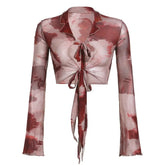 Sheer mesh see through long sleeve tie dye ruffle self tie crop top-final-sale