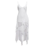 V neck sheer mesh ruffle cami midi dress-final-sale