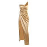 Sleeveless solid satin slit one shoulder ruched backless midi dress-final-sale