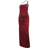 Solid satin ruched one shoulder slit midi dress-final-sale