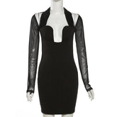 Long sleeve halter mesh patchwork solid mini dress-final-sale