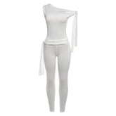 One shoulder self tie irregular solid high rise pant set