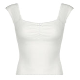 Cap sleeve ribbed bowknot textured lace hem top