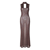 Tiger print sheer mesh cami maxi dress