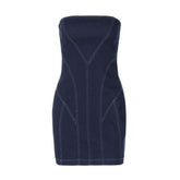 Denim stitch zip-up backless tube mini dress