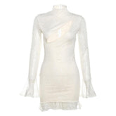 Lace solid long flared sleeve hollow out high neck ruffle mini dress-final-sale