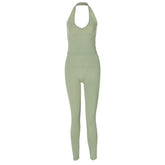 Halter u neck solid backless pant set