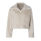 Turnover collar long sleeve fluffy zip-up top