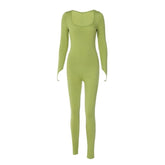 Long sleeve solid u neck slit jumpsuit- Final Sale-final-sale