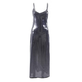 Metallic v neck backless solid low cut cami maxi dress-final-sale