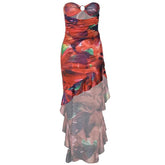 Ruffle o ring hollow out ruched irregular tube cut out midi dress