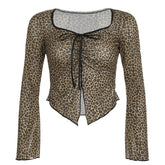 Leopard print long sleeve mesh crop top