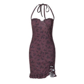 Halter print ruffle knotted backless mini dress