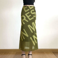 Mesh letter print hollow out self tie cut out maxi skirt