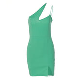 Hollow out slit solid sleeveless one shoulder backless cut out mini dress