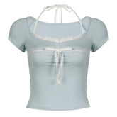 Halter short sleeve bowknot lace hem top