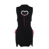 High neck heart pattern hollow out lace up cut out mini dress-final-sale