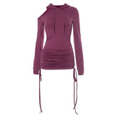 Hoodie long sleeve drawstring off shoulder mini dress