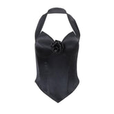 Halter bustier flower applique satin backless glitter zip-up top-final-sale