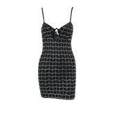 Beaded hollow out v neck backless plaid cami cut out mini dress-final-sale