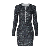 Ripple contrast long sleeve hollow out crewneck cut out mini dress