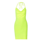 Solid cowl neck halter backless slit mini dress-final-sale