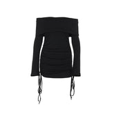 Long flared sleeve off shoulder drawstring mini dress-final-sale