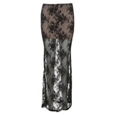Lace mesh patchwork maxi skirt