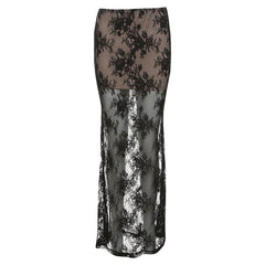 Lace mesh patchwork maxi skirt