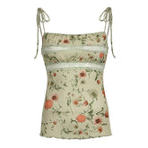 Lace hem flower print ruffle cami top