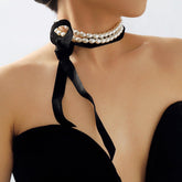 Faux pearl ribbon velvet layered choker necklace