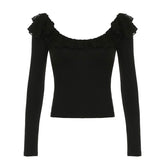 Long sleeve ruffle mesh patchwork top