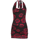Flower print halter self tie u neck ruched mini dress