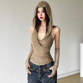 Hoodie gloves sheer mesh top