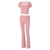 Short sleeve u neck ribbed solid pant set